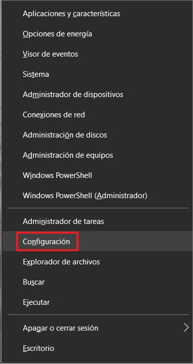 comando Windows+X para entrar configuración de Windows