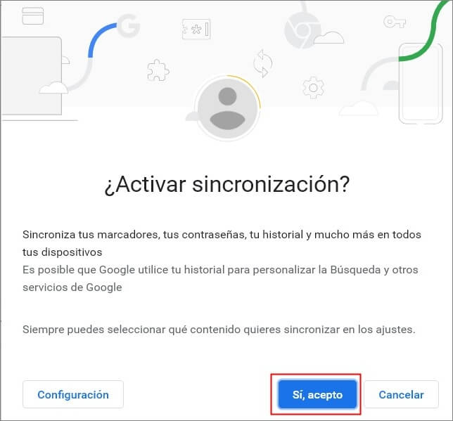 comfirmar para activar sincronización de Google Chrome