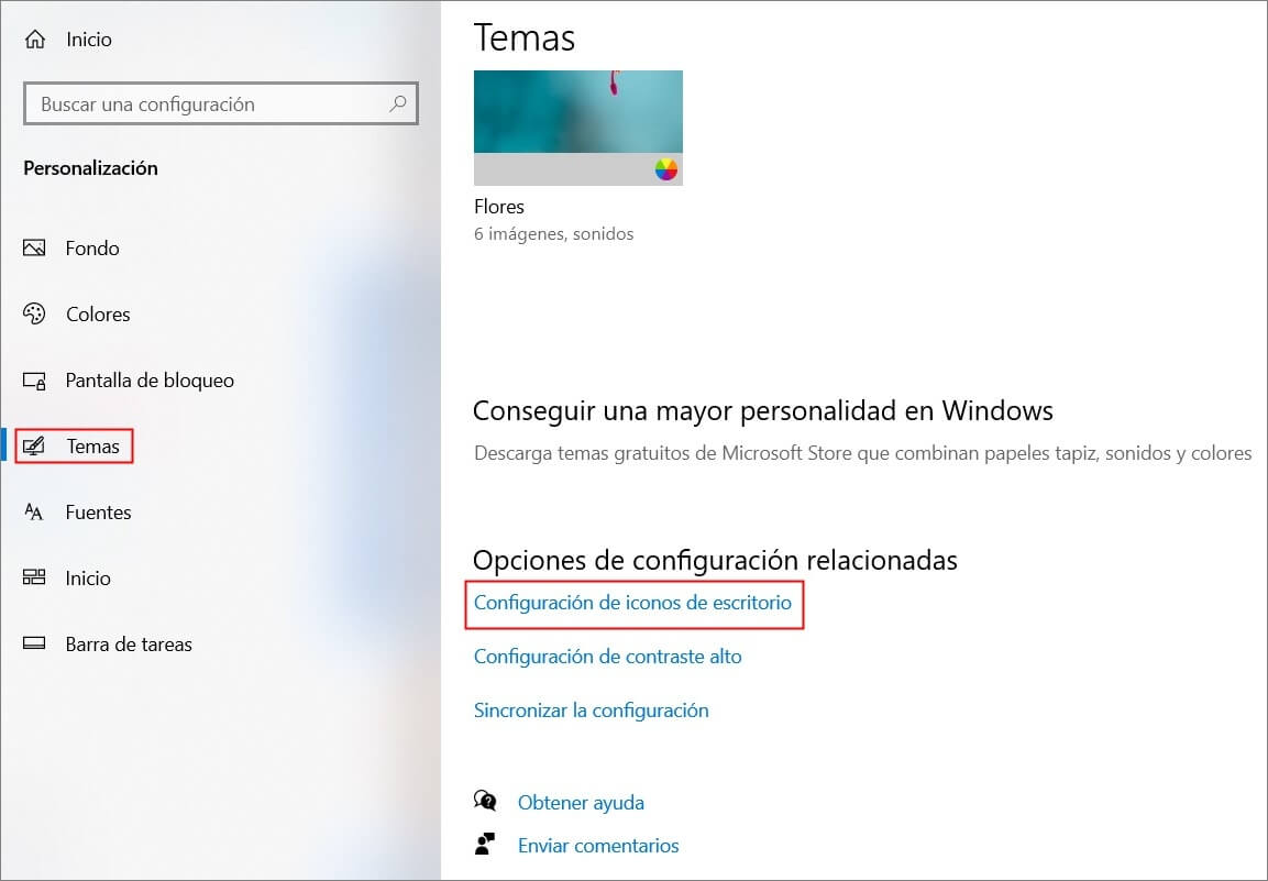 entrar en Configuración de iconos de escritorio en Temas en Windows 10