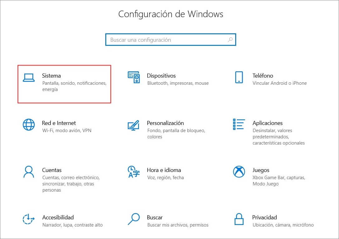 entrar en Sistema en Configuración de Windows 10