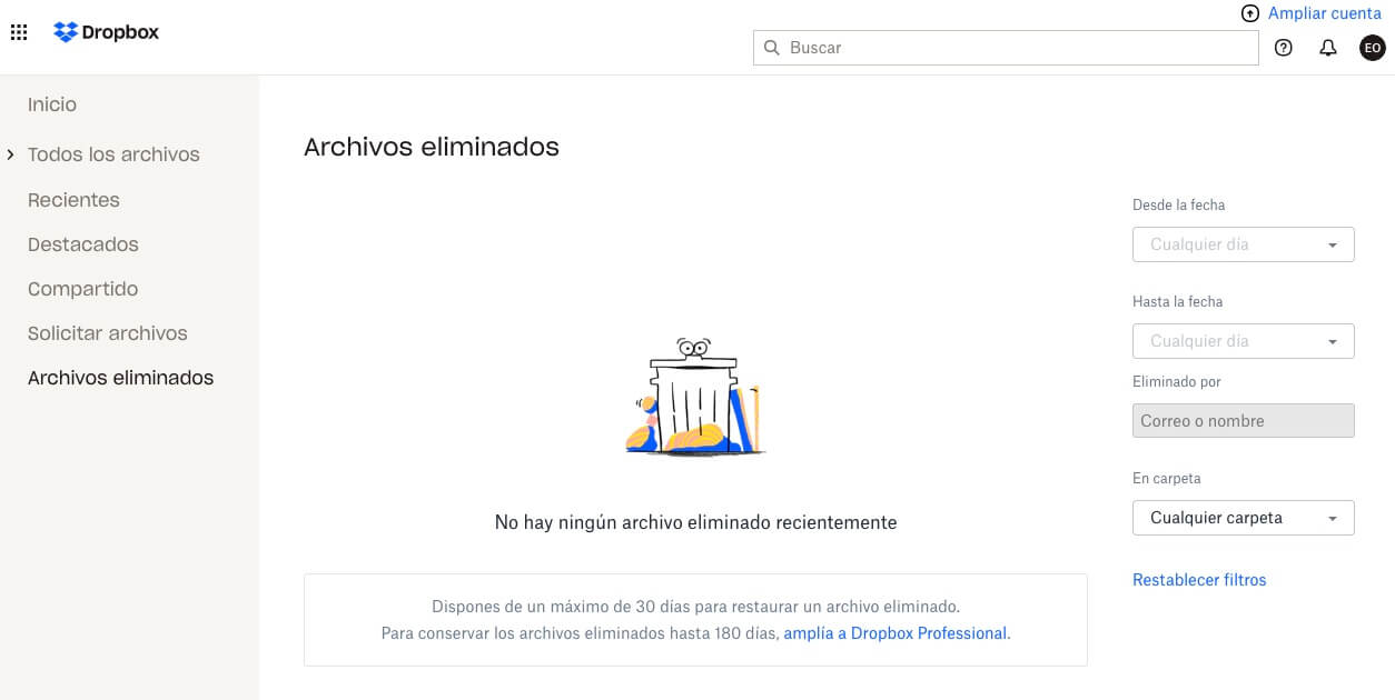 Recuperar archivos borrados de Dropbox en la Papelera de reciclaje