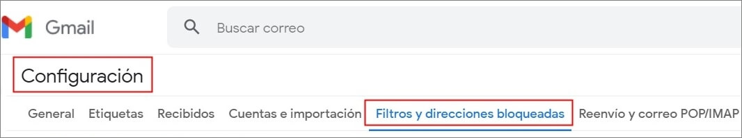 filtros y direcciones bloqueadas en configuración de Gmail