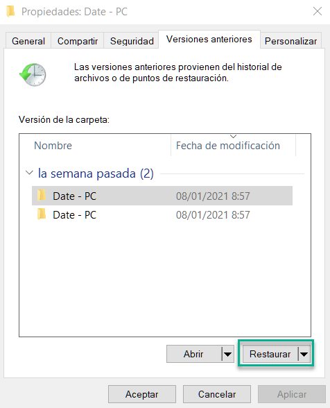 Restaurar una versión anterior de PC