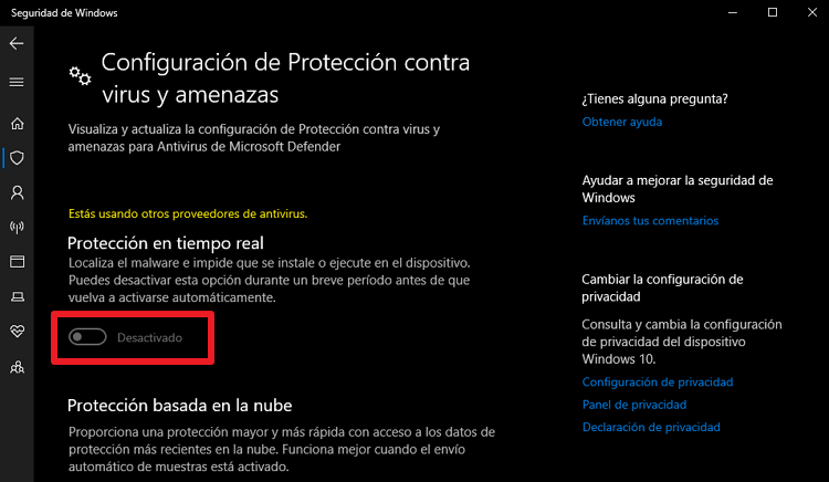 activar y desactivar la protección en tiempo real de Windows