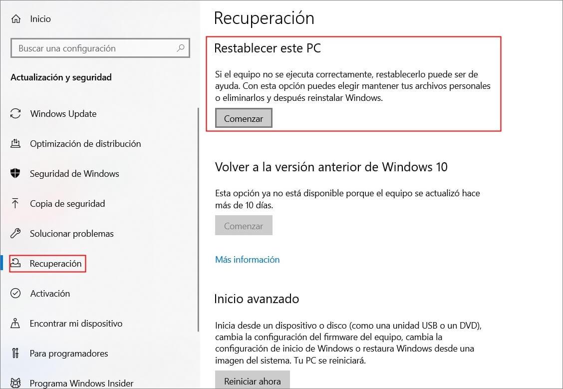 restablecer el sistema en Recuperación en la Configuración de Windows 10