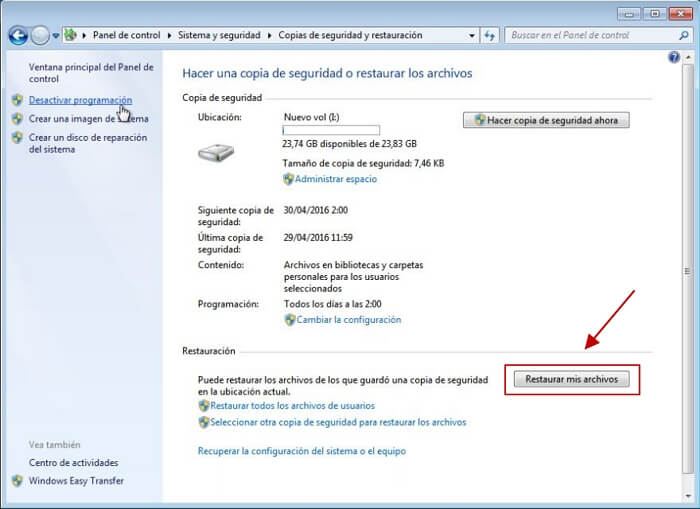 restaurar la copia de seguridad de Windows