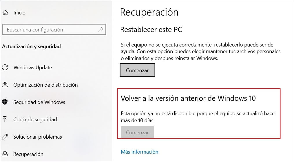 restablecer PC en Configuración de Windows