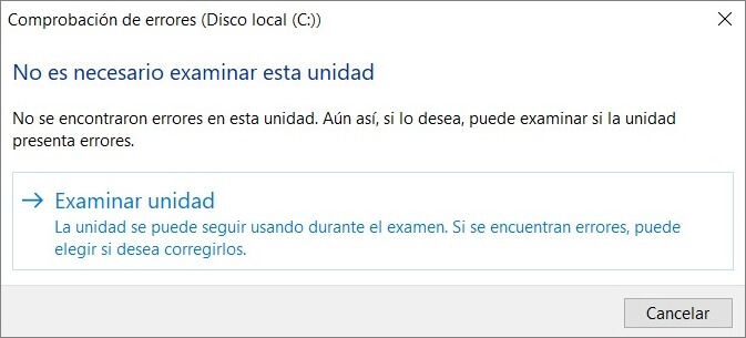 examinar unidad en comprobación de errores de disco local