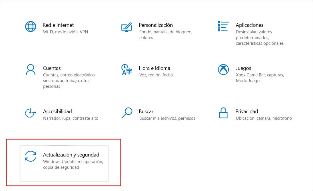 seleccionar a Actualización y seguridad en la Configuración de Windows 10