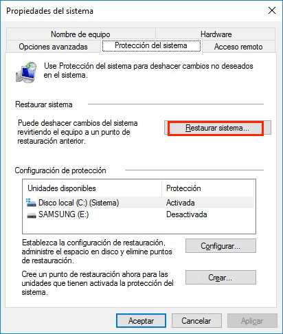 Restauración de la protección del sistema