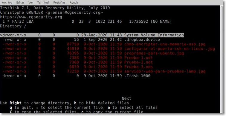 recuperar archivos borrados en Linux con TestDisk