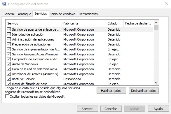 Ocultar todos los servicios de Microsoft