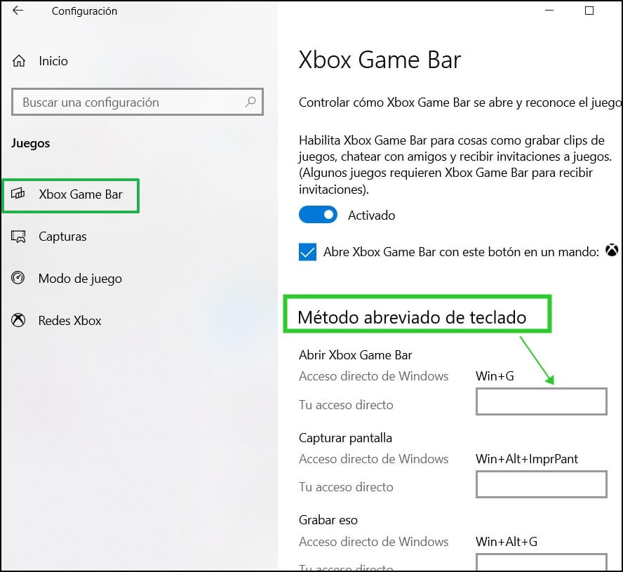 Configurar las teclas de acceso rápido de Xbox Game Bar