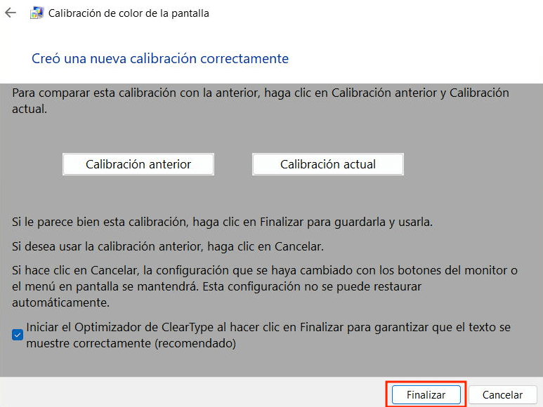 Finalizar la calibración de la pantalla de Windows