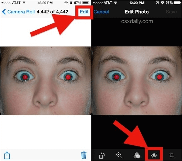 quitar ojos rojos en iphone Fotos