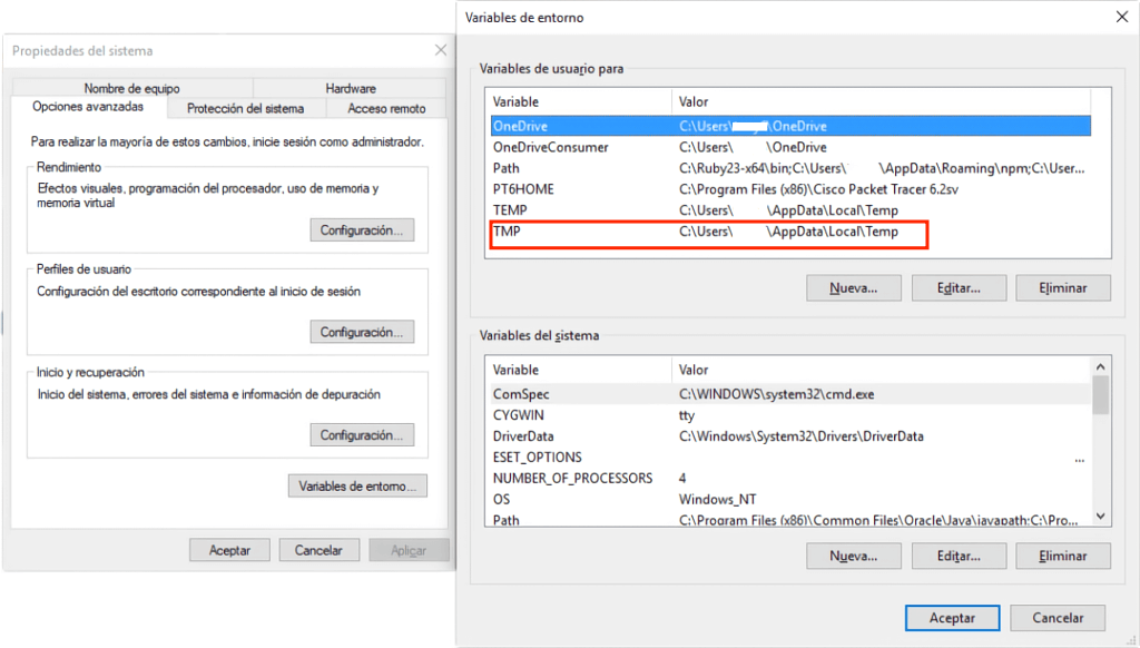 configuración de variables de entorno de windows