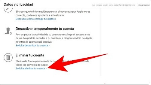 solicita eliminar ID de Apple permanentemente del sitio web