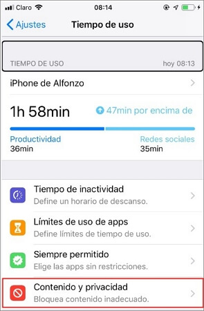 configurar privacidad de límite de tiempo en iPhone