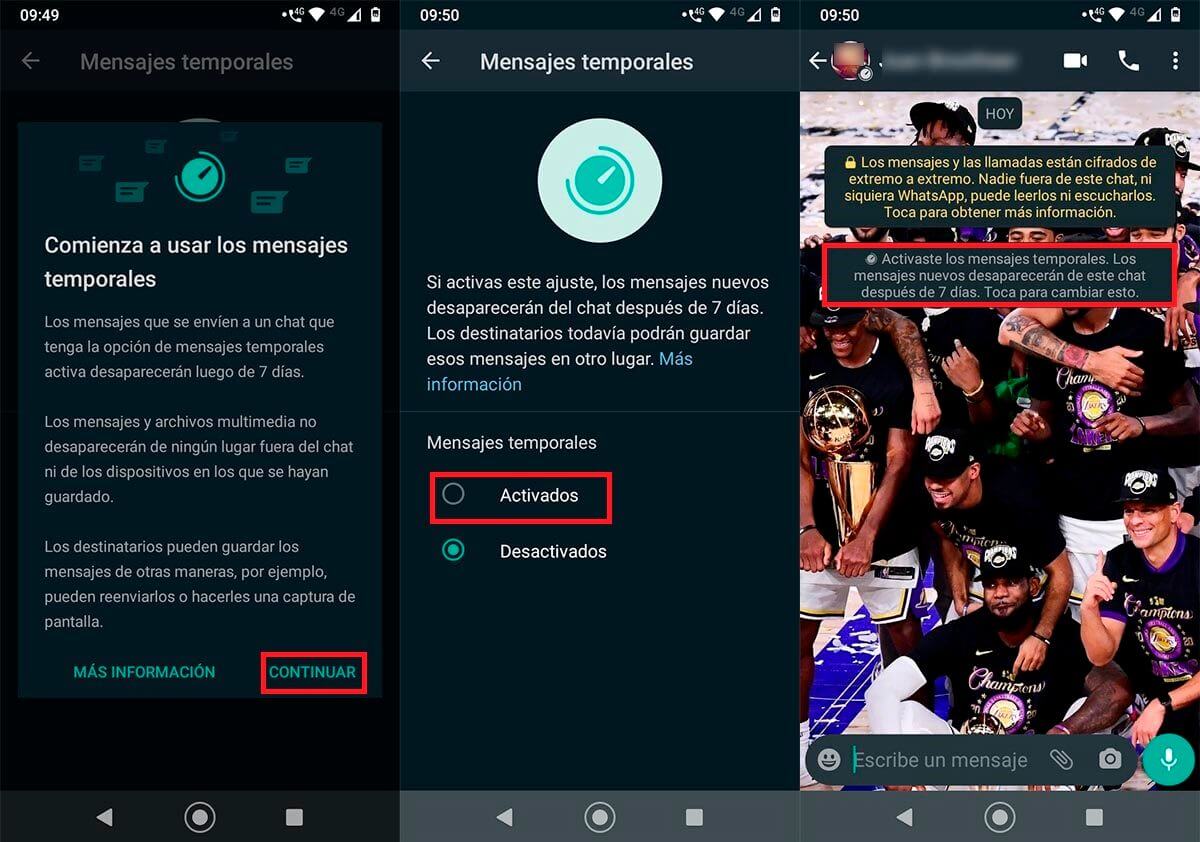 activar mensajes temporales en WhatsApp