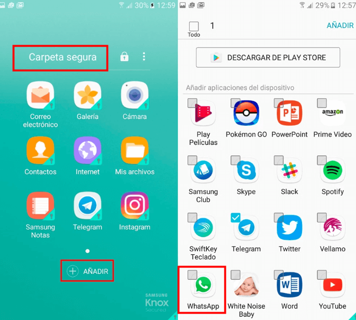 Añadir WhatsApp a Carpeta segura