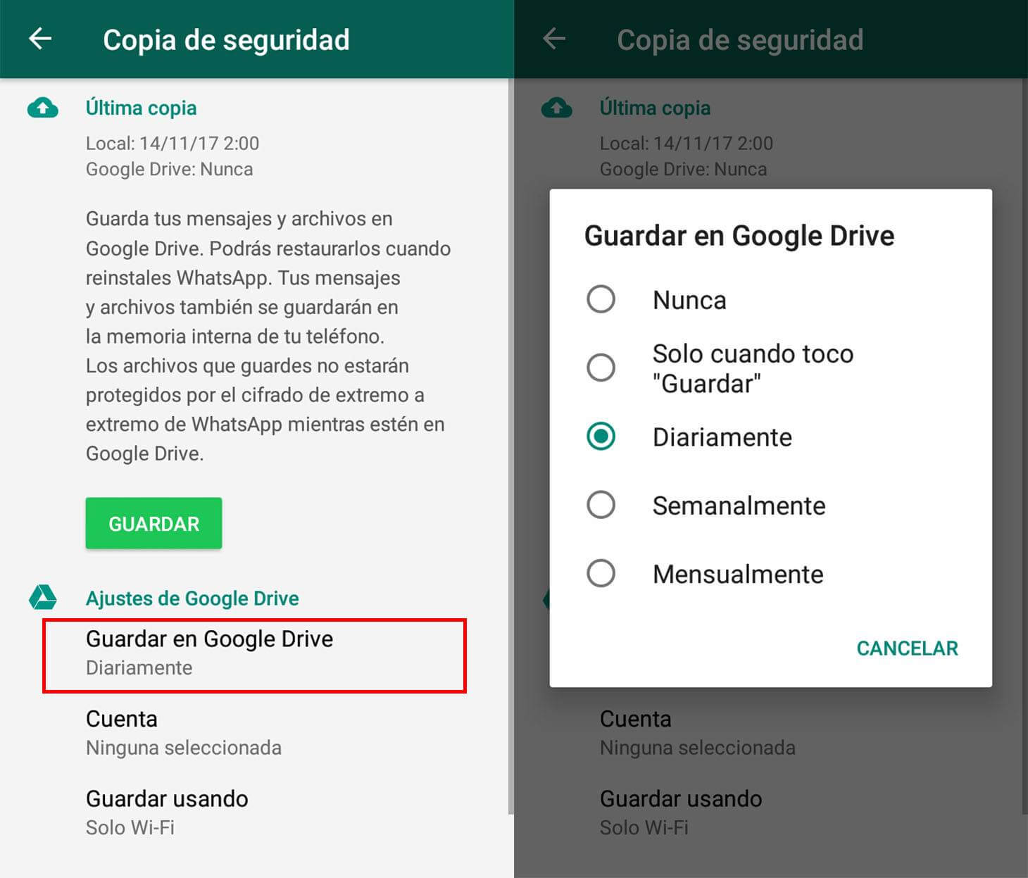 guardar copia de seguridad autómatica en Google Drive para Android