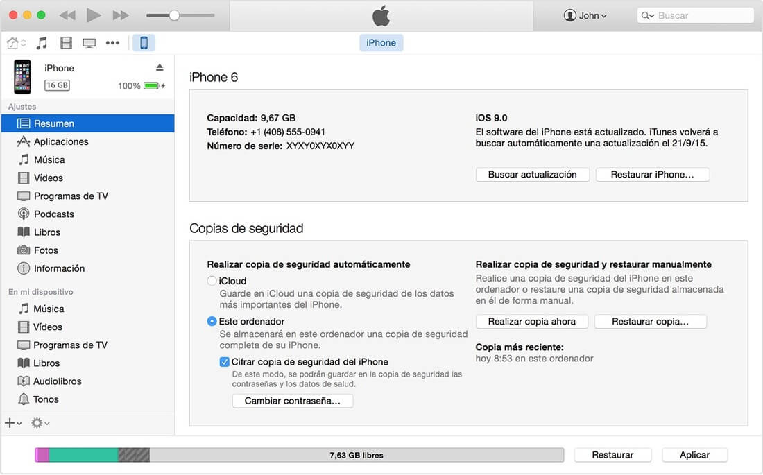 Hacer copia de seguridad en iTunes