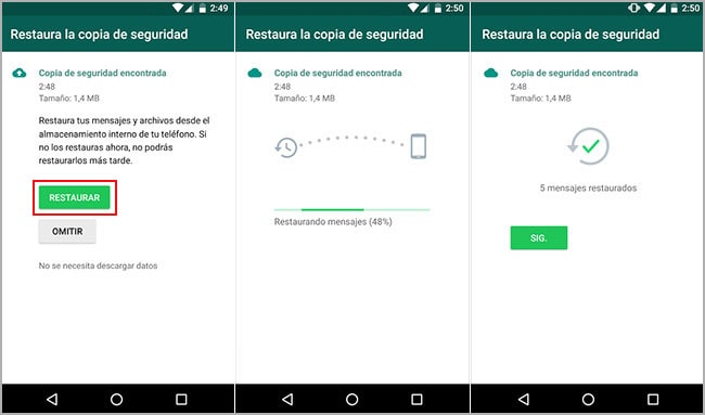 restaurar la copia de seguridad de whatsapp desde google drive a android