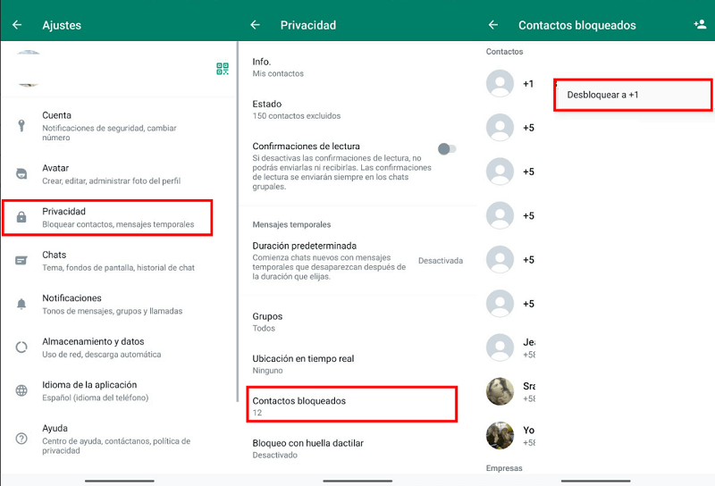 Desbloquear contactos WhatsApp en Android por lista de bloqueo