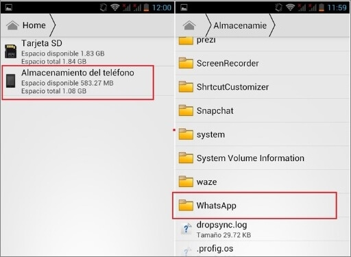chats de WhatsApp en almacenamiento Android