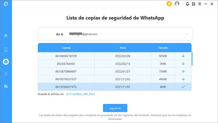 descargar las copias de seguridad de la lista de copias de seguridad de Whatsapp de ChatsBack