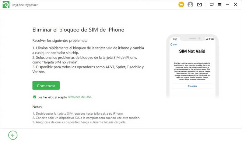 Comenzar a eliminar el bloqueo de SIM de iPhone con iMyFone iByPasser