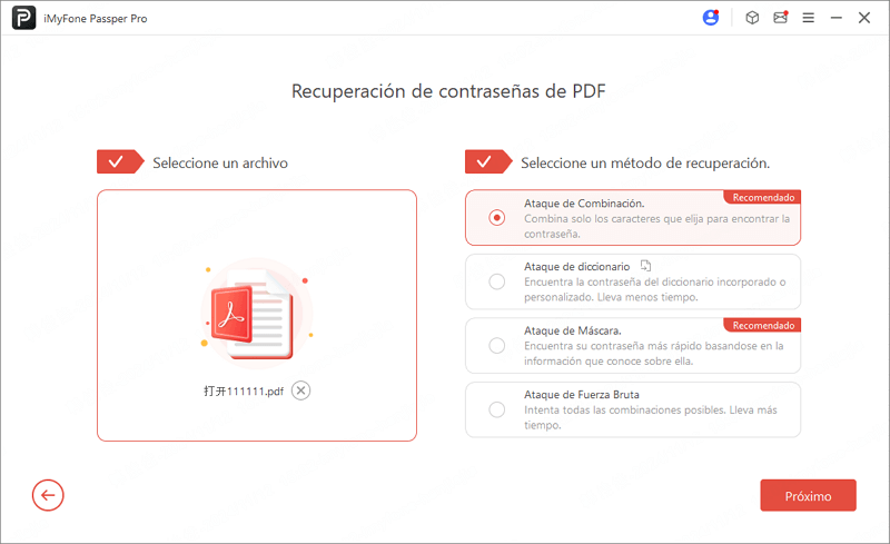 Selecciona modos para recuperar contraseña de PDF en Passper