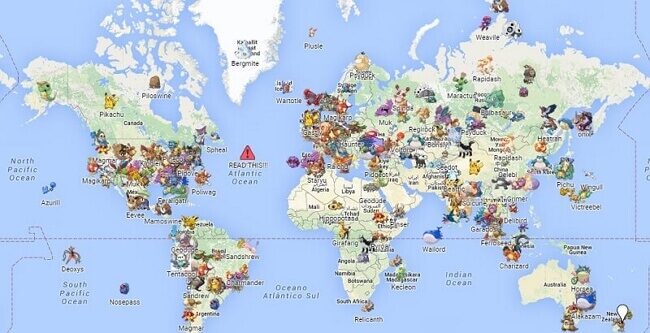 carte mondiale des coordonnées régionales de Pokémon Go