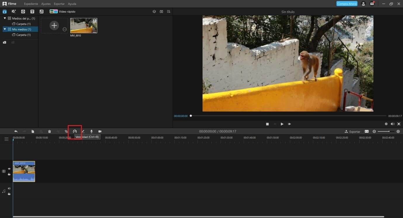 la barra de edición para cambiar la velocidad de video