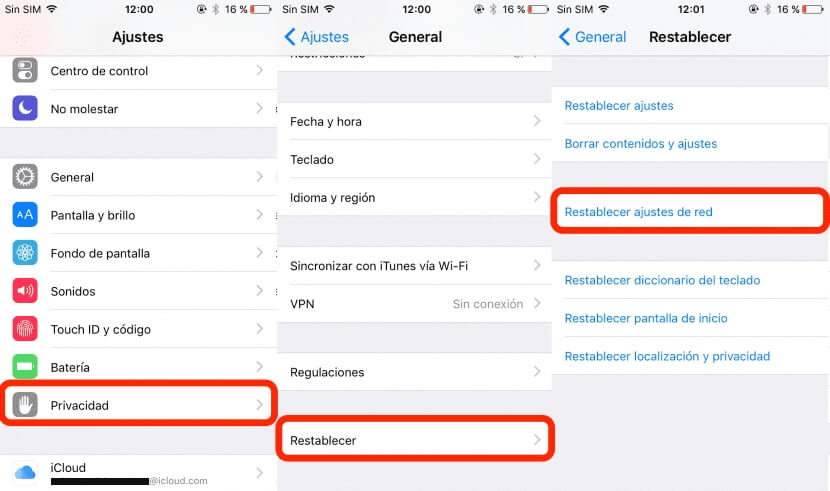 Restablecer la configuración de red para reparar SIM no válida iPhone