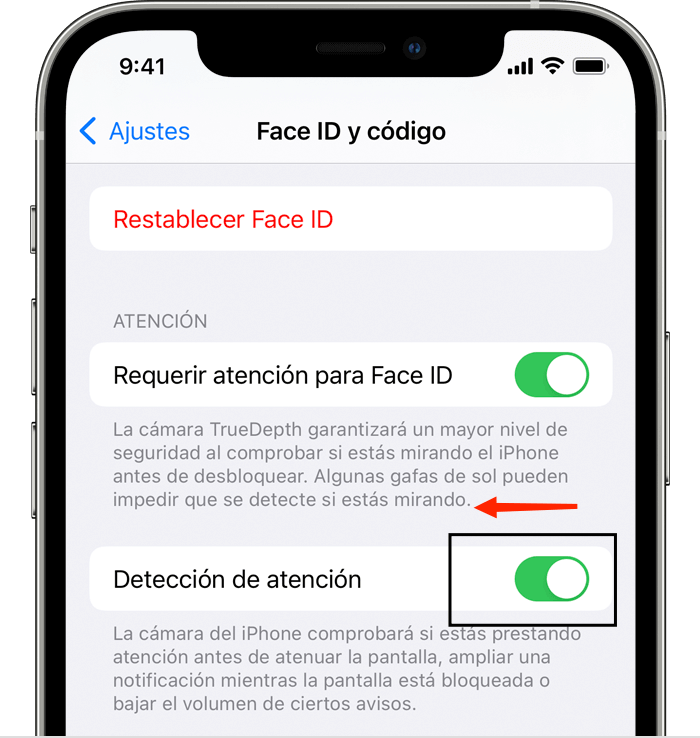 Desactivar Detección de Atención para arreglar no me suena la alarma del iphone 