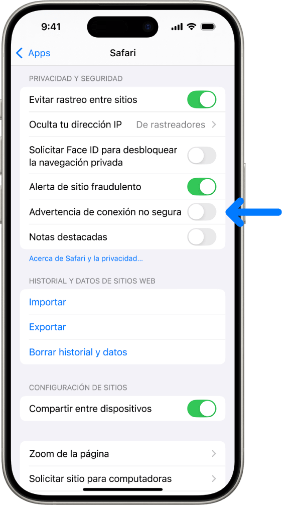  Activar “Privacidad y seguridad”