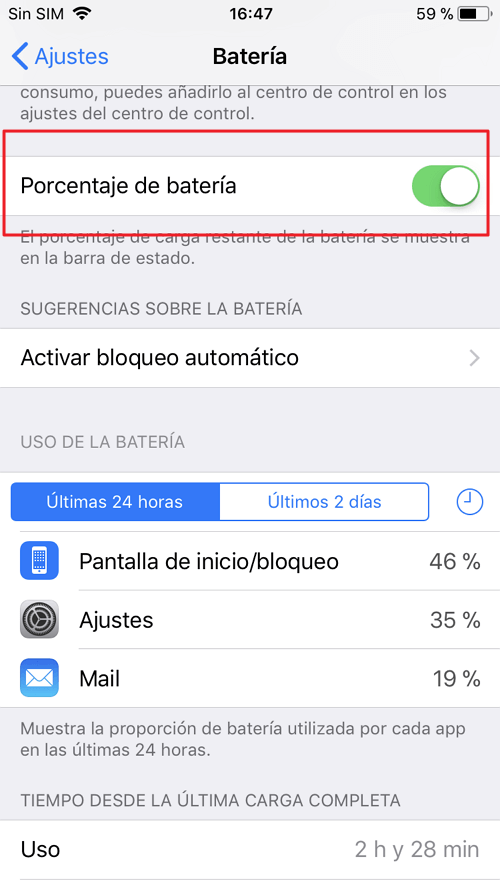 abrir porcentaje de batería en iPhone