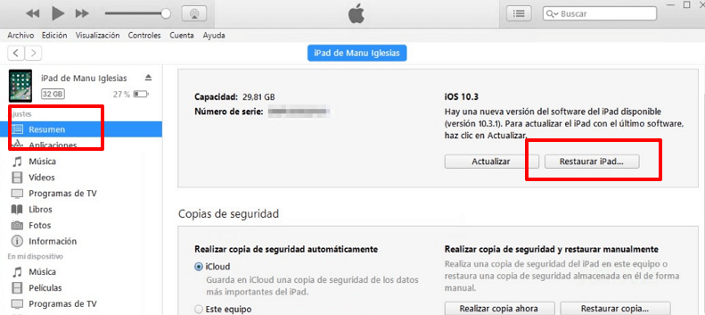 Restablecer iPad Air 2 de fÃ¡brica por iTunes