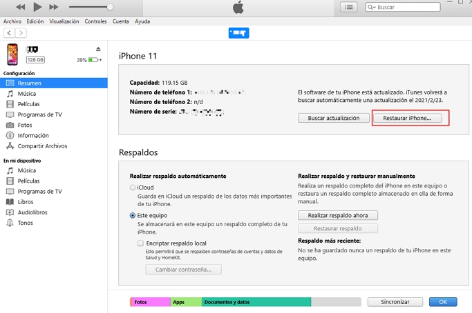 restaurar iPhone sin contraseÃ±a del ID de Apple con iTunes
