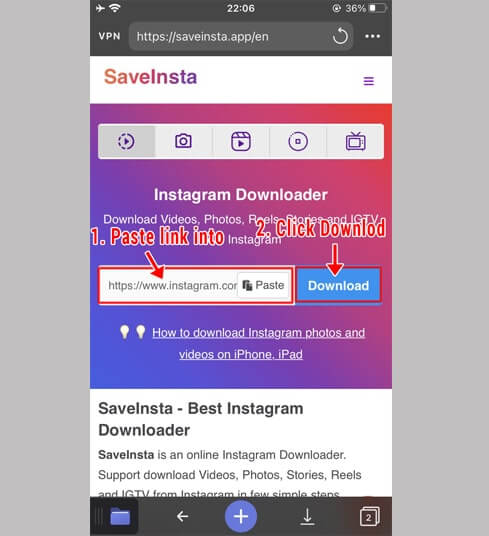 Bajar video de IG en Saveinsta