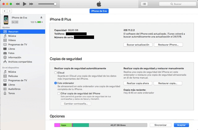 Hacer copia de seguridad de iPhone con iTunes