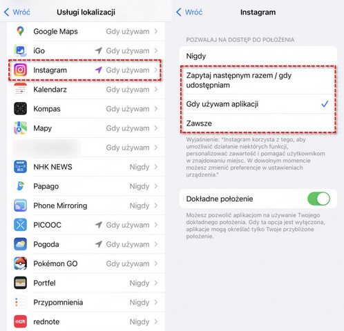 Włącz lokalizację dla Instagrama na iPhone