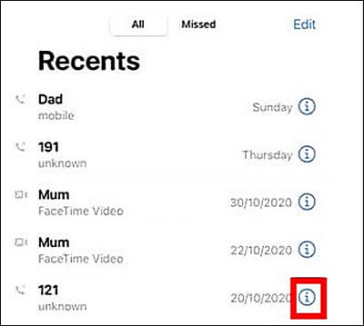 Wyświetlanie ostatniego rejestru połączeń na iPhonie