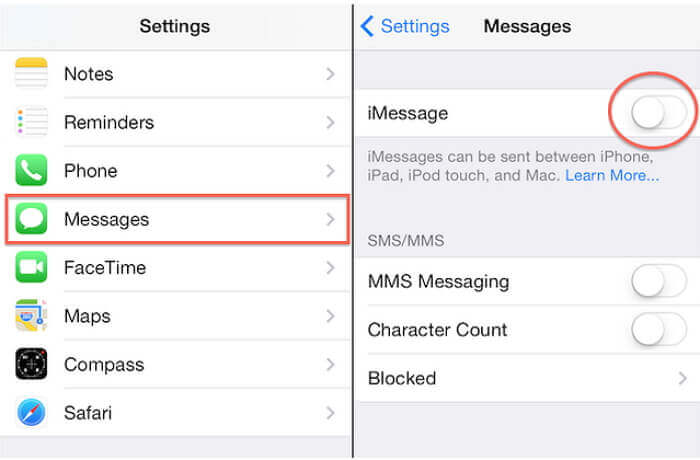 wyłącz wiadomości imessage