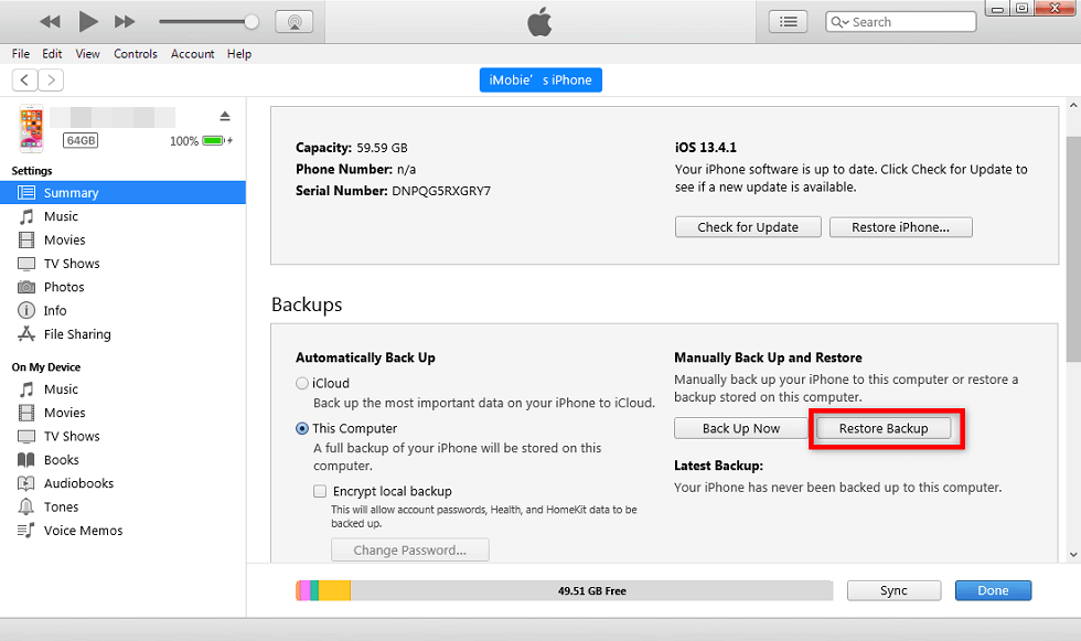 Przywróć iPhone'a przez iTunes