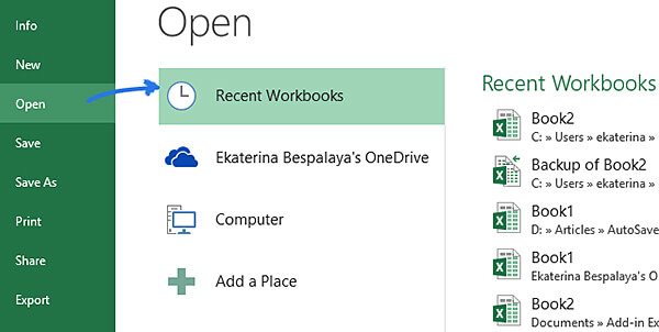 otwórz listę ostatnich prac w programie Excel