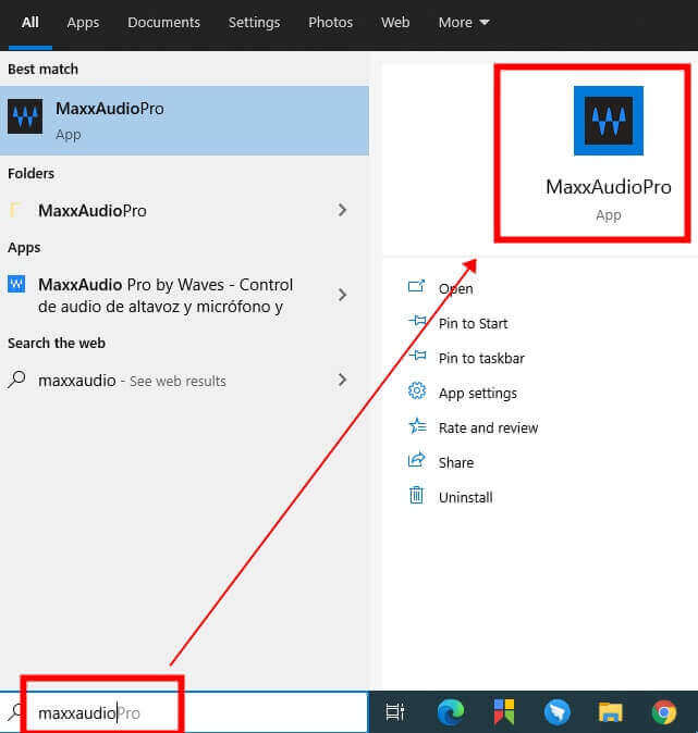 wpisz maxxaudio na pasku wyszukiwania systemu Windows