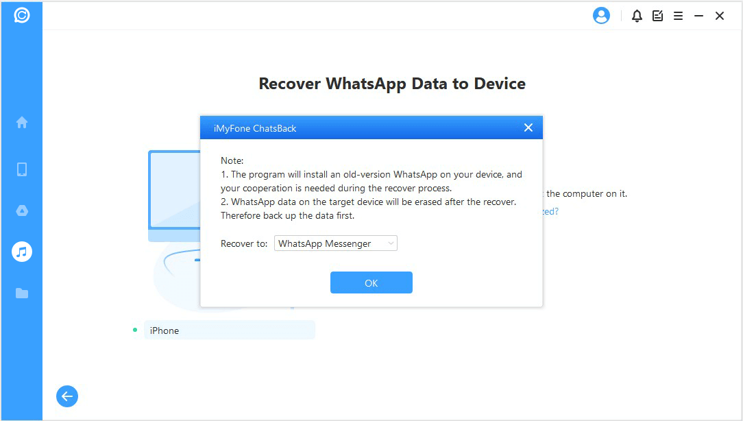 odzyskaj WhatsApp z kopii zapasowej iTunes na urządzenie