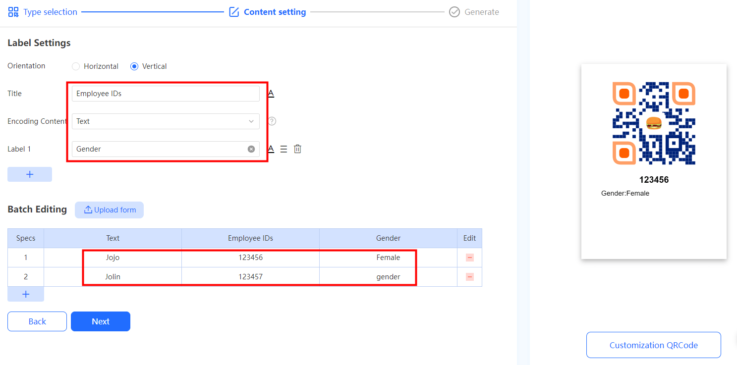 bacth qr code content setting